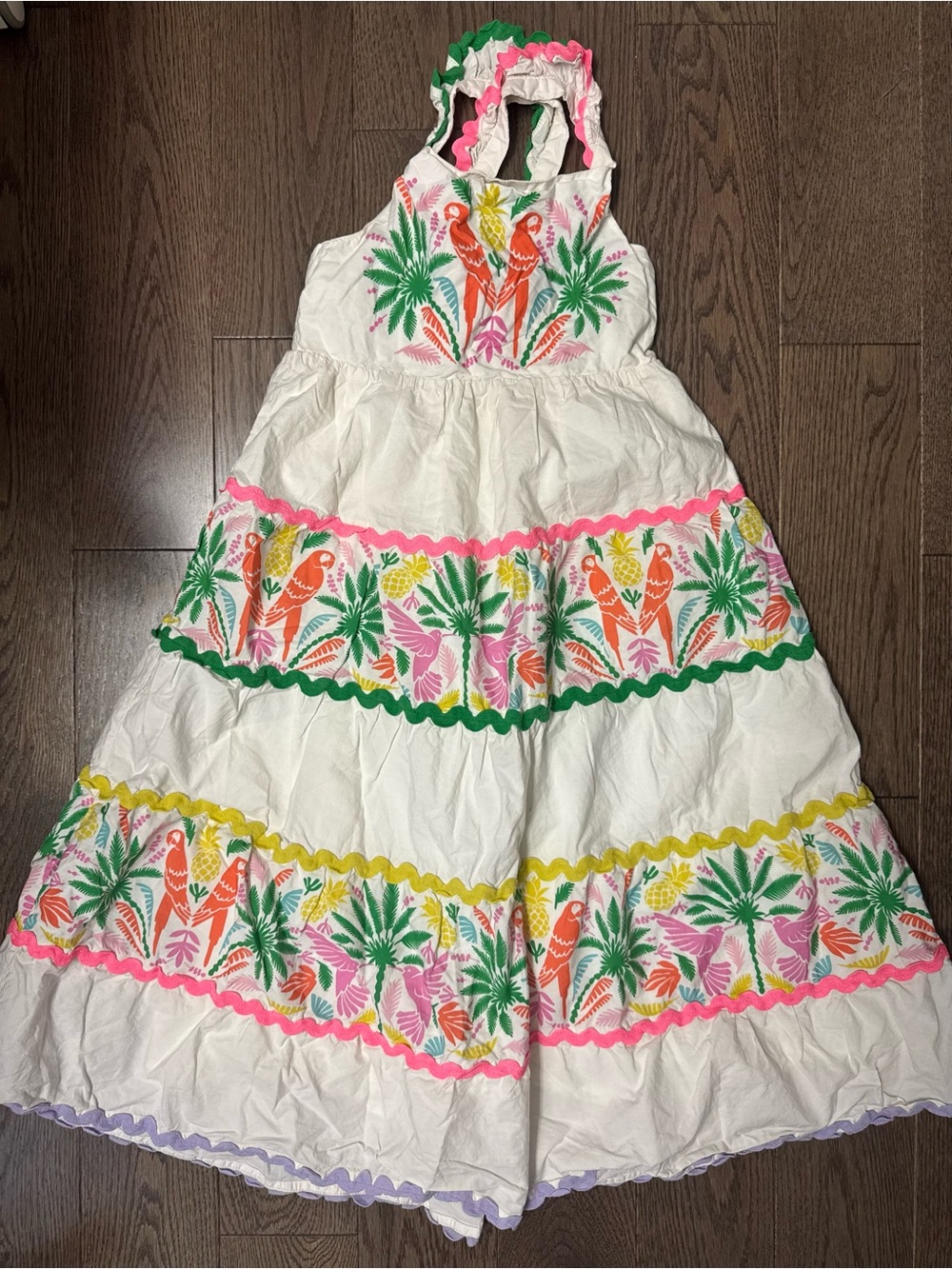 Mini Boden White Dress with Pink and Green Trim size 8/9